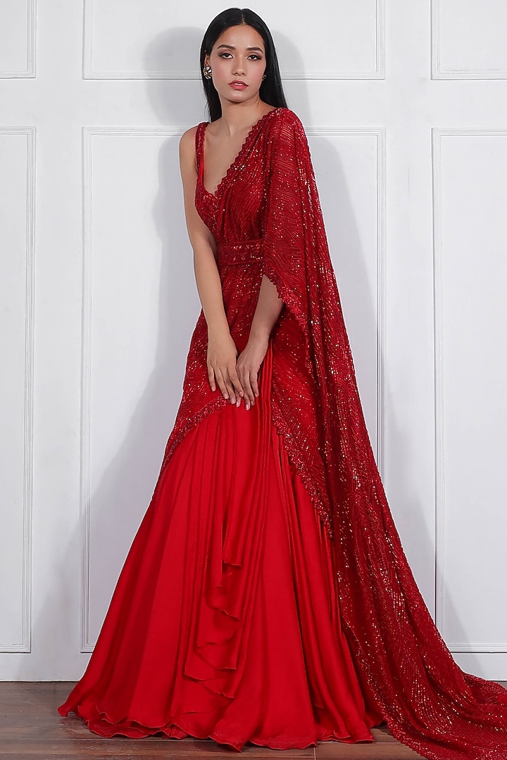 Red Crepe Silk & Net Hand Embroidered Reception Lehenga Saree Set by Ritika Mirchandani at Pernia's Pop Up Shop